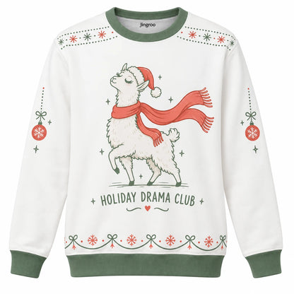 Holiday Drama Club Ugly Christmas Sweater - Christmas Jumper (front): llama in Santa hat dramatically wears flowing scarf