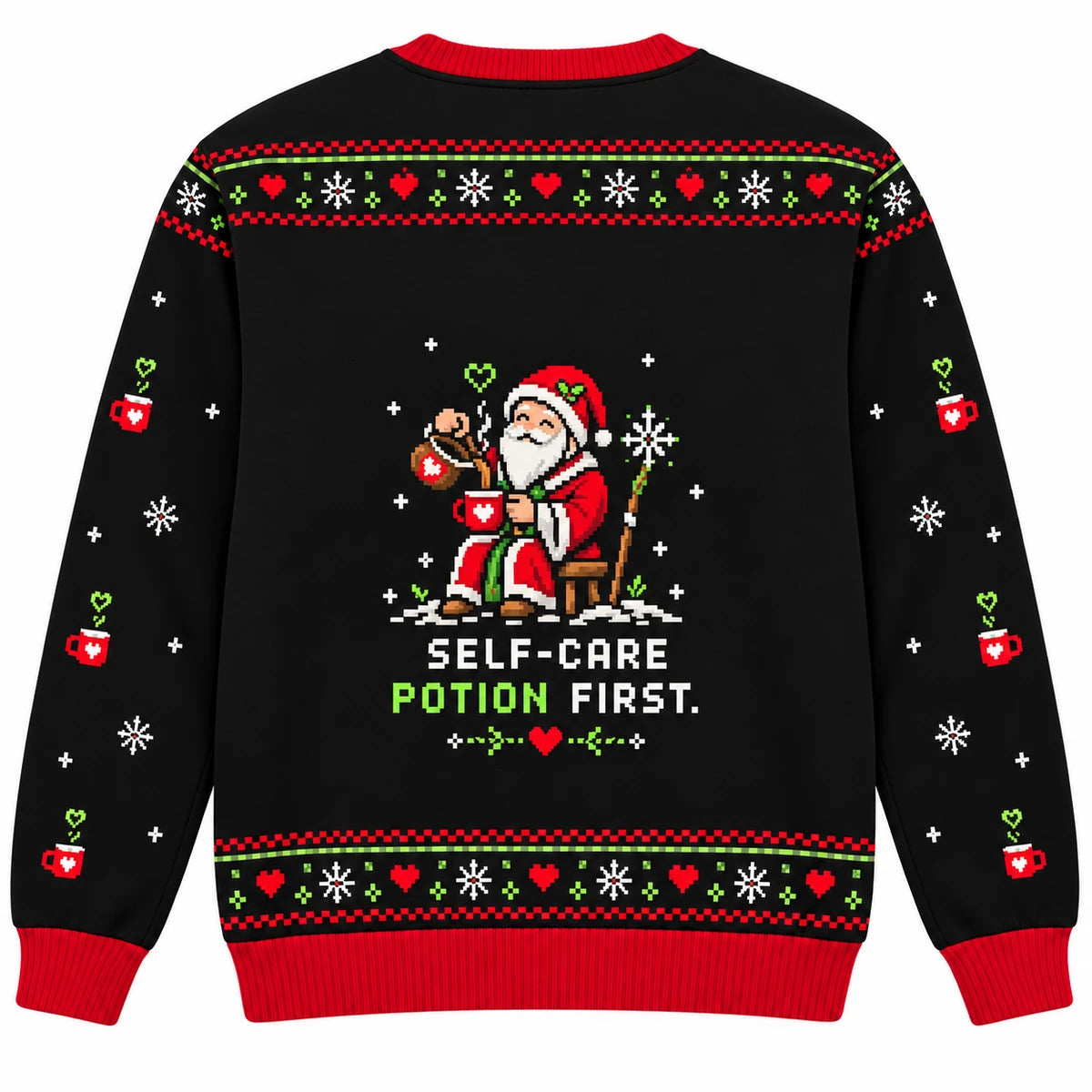 Holiday Healer Ugly Christmas Sweater - Christmas Jumper (back): healer refills own empty mug with tiny heart floating