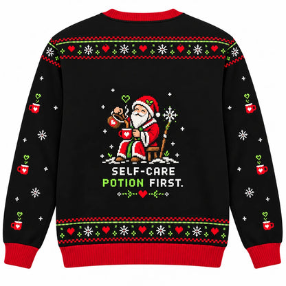 Holiday Healer Ugly Christmas Sweater - Christmas Jumper (back): healer refills own empty mug with tiny heart floating