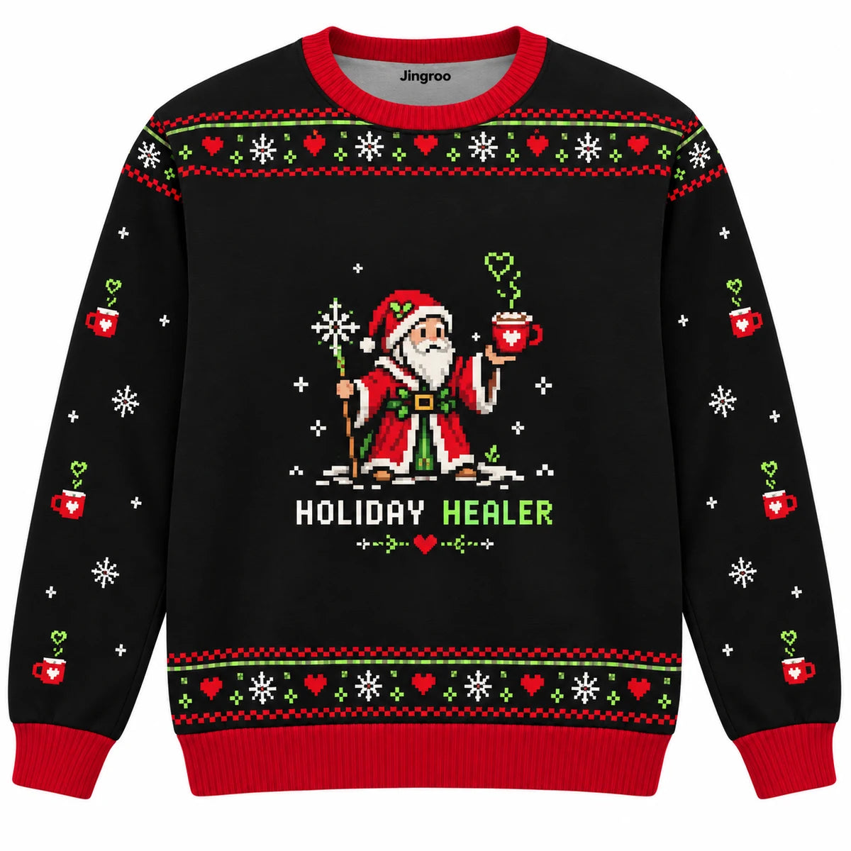 Holiday Healer Ugly Christmas Sweater - Christmas Jumper (front): pixel healer Santa offers potion in cocoa mug