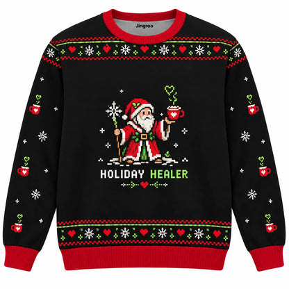 Holiday Healer Ugly Christmas Sweater - Christmas Jumper (front): pixel healer Santa offers potion in cocoa mug