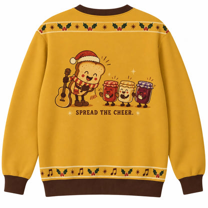 Holiday Jam Session Ugly Christmas Sweater - Christmas Jumper (back): toast has jam jar as cheering audience