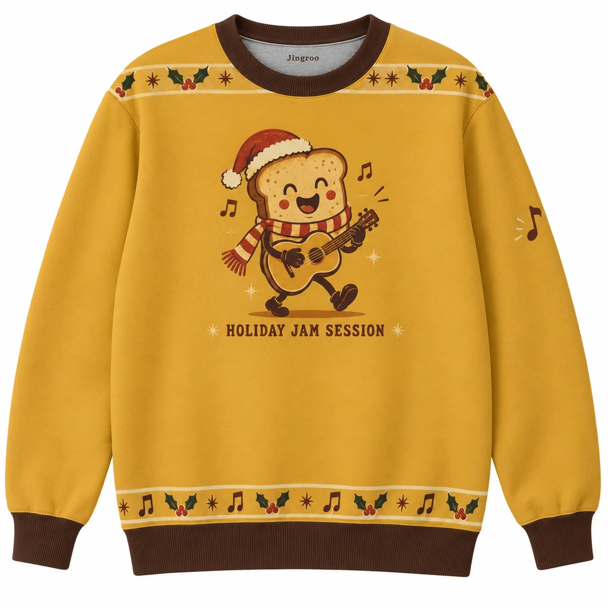 Holiday Jam Session Ugly Christmas Sweater - Christmas Jumper (front): smiling toast in scarf holding guitar