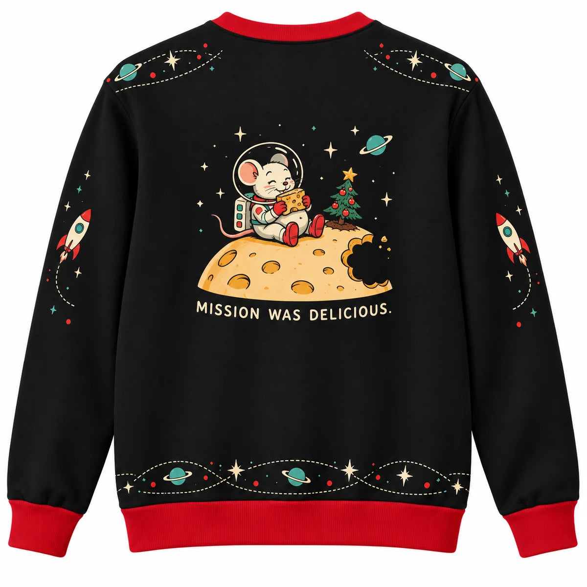 Holiday Moon Mission Ugly Christmas Sweater - Christmas Jumper (back): mouse has eaten crescent bite from cheese moon