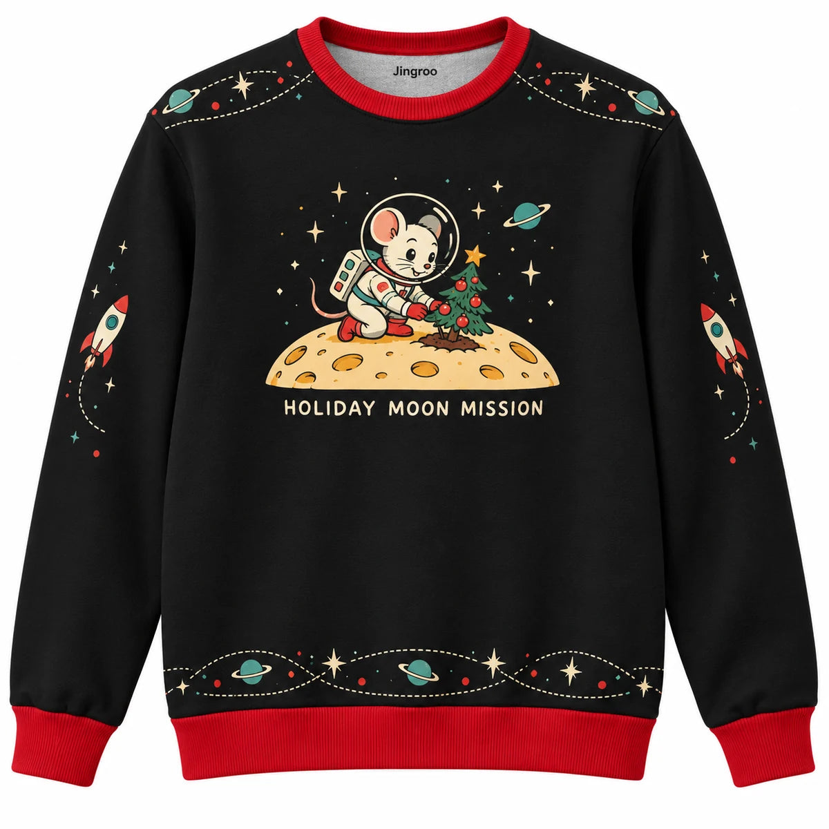Holiday Moon Mission Ugly Christmas Sweater - Christmas Jumper (front): astronaut mouse plants tiny Christmas tree on cheese moon