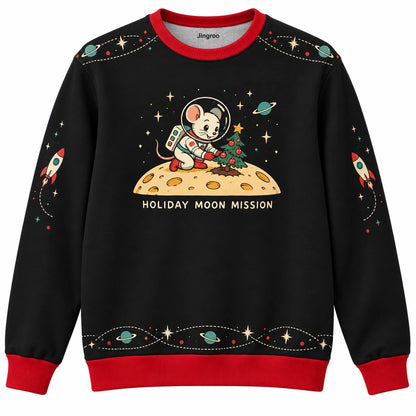 Holiday Moon Mission Ugly Christmas Sweater - Christmas Jumper (front): astronaut mouse plants tiny Christmas tree on cheese moon