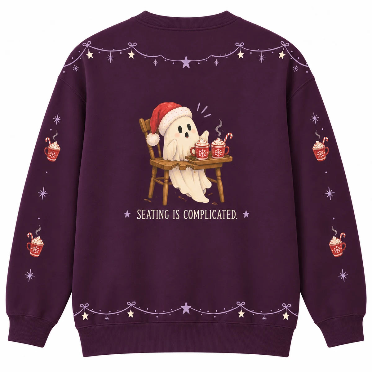 Host With the Ghost Ugly Christmas Sweater - Christmas Jumper (back): ghost floats through chair holding cocoa which stays behind