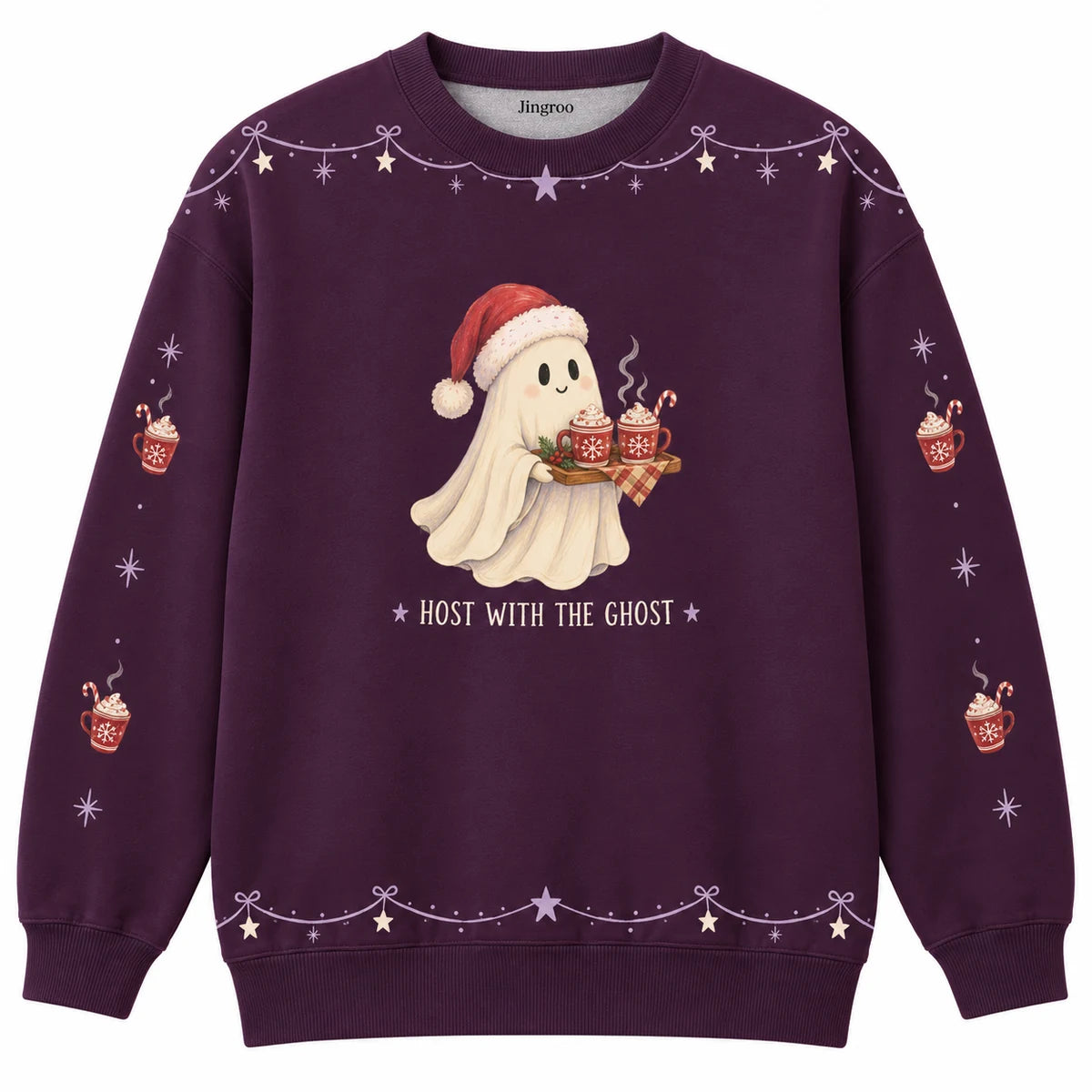 Host With the Ghost Ugly Christmas Sweater - Christmas Jumper (front): friendly ghost in Santa hat welcomes guests