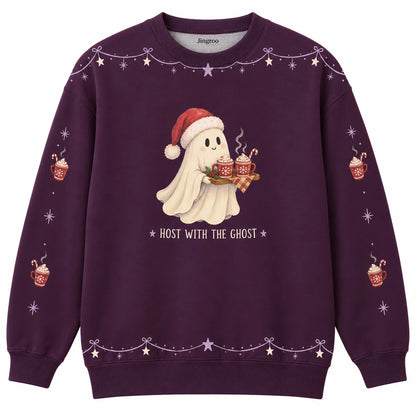 Host With the Ghost Ugly Christmas Sweater - Christmas Jumper (front): friendly ghost in Santa hat welcomes guests