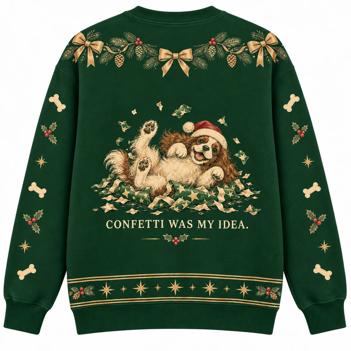 I Helped With Wrapping Ugly Christmas Sweater - Christmas Jumper (back): dog rolls happily in shredded wrapping paper