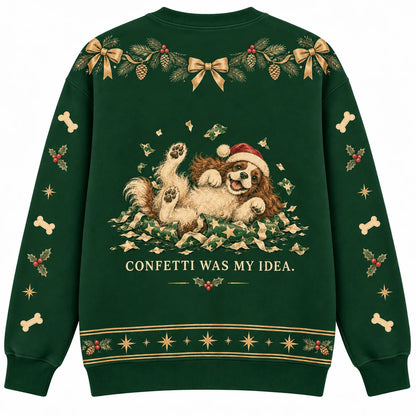 I Helped With Wrapping Ugly Christmas Sweater - Christmas Jumper (back): dog rolls happily in shredded wrapping paper