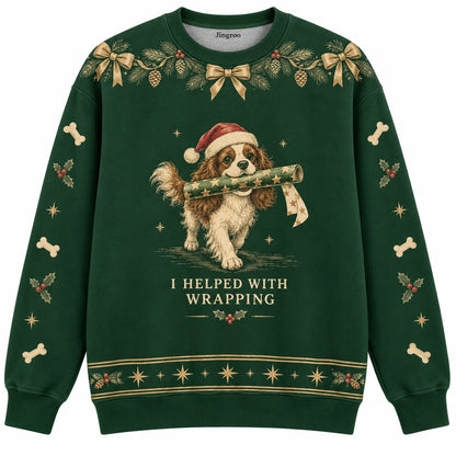 I Helped With Wrapping Ugly Christmas Sweater - Christmas Jumper (front): dog Santa brings wrapping paper roll