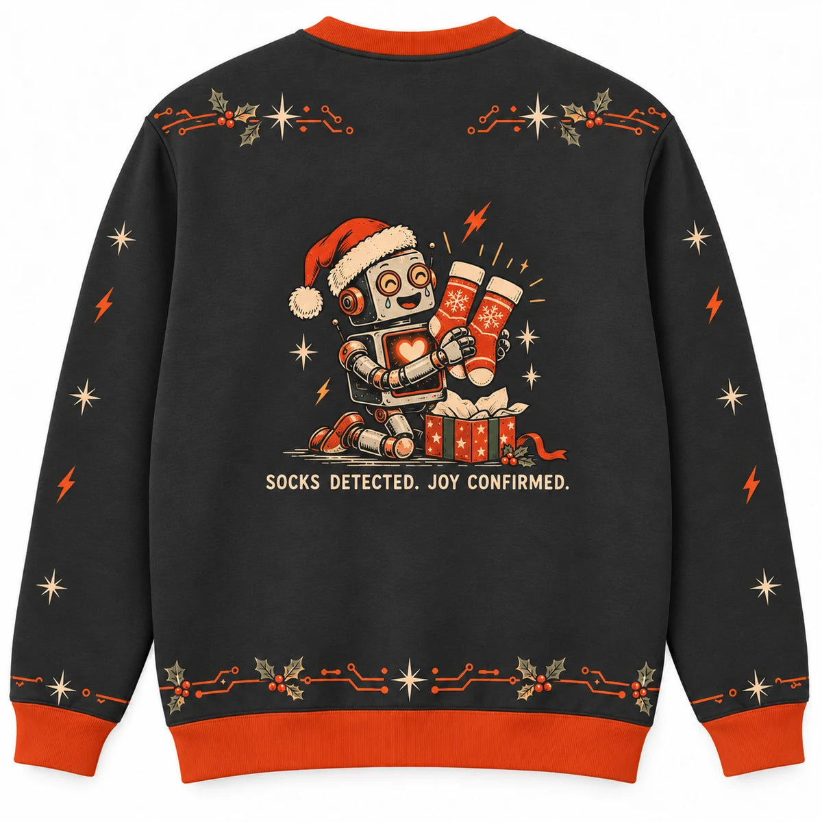 Installing Holiday Spirit Ugly Christmas Sweater - Christmas Jumper (back): robot cries tiny happy oil drop at sock gift