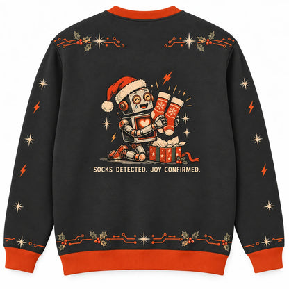 Installing Holiday Spirit Ugly Christmas Sweater - Christmas Jumper (back): robot cries tiny happy oil drop at sock gift