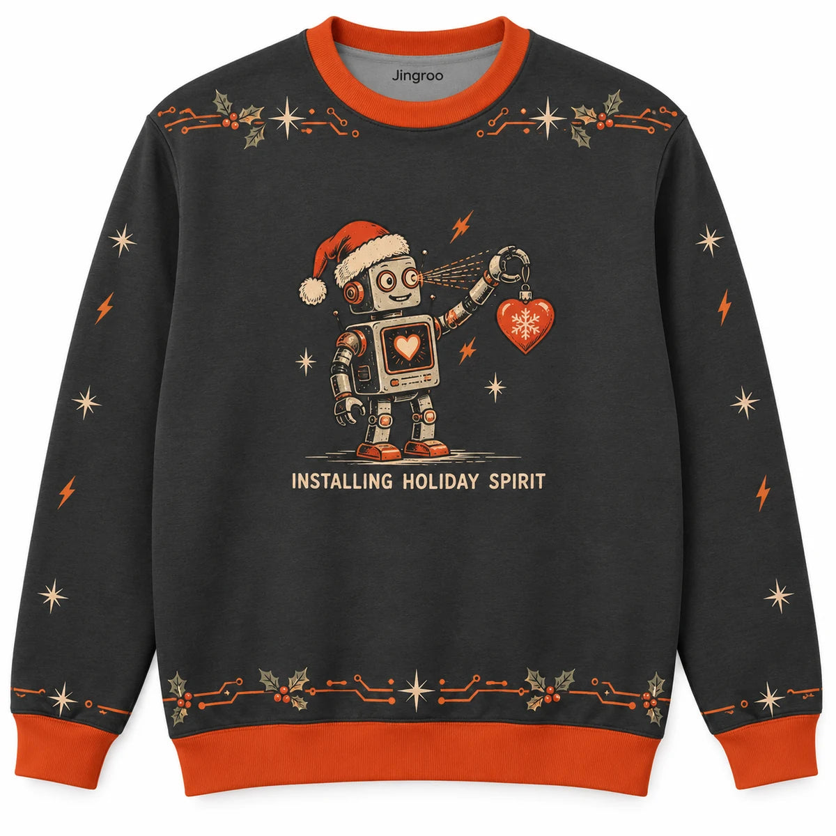 Installing Holiday Spirit Ugly Christmas Sweater - Christmas Jumper (front): small robot scans Christmas ornament heart