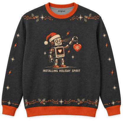 Installing Holiday Spirit Ugly Christmas Sweater - Christmas Jumper (front): small robot scans Christmas ornament heart