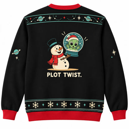 Just a Little Shake Ugly Christmas Sweater - Christmas Jumper (back): alien stuck inside globe while tiny snowman holds it