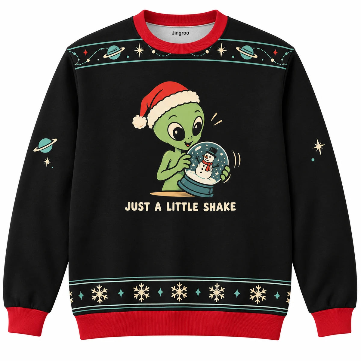 Just a Little Shake Ugly Christmas Sweater - Christmas Jumper (front): alien shakes Earth snow globe in curiosity