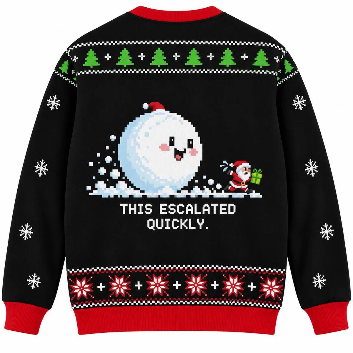 Just One More Roll Ugly Christmas Sweater - Christmas Jumper (back): snowball becomes gigantic and Santa flees with gift