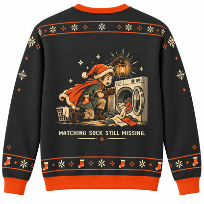 Legendary Sock Found Ugly Christmas Sweater - Christmas Jumper (back): adventurer hunts lost second sock behind washing machine
