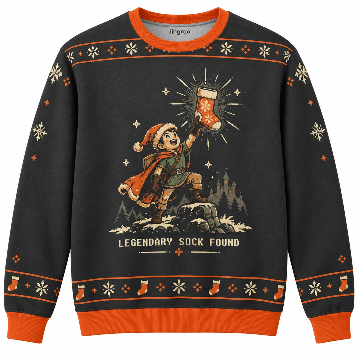 Legendary Sock Found Ugly Christmas Sweater - Christmas Jumper (front): pixel adventurer raises festive sock like rare item