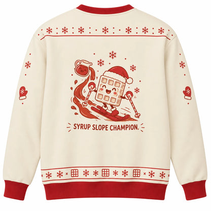 Let It Waffle Ugly Christmas Sweater - Christmas Jumper (back): waffle with syrup puddle uses candy cane ski poles