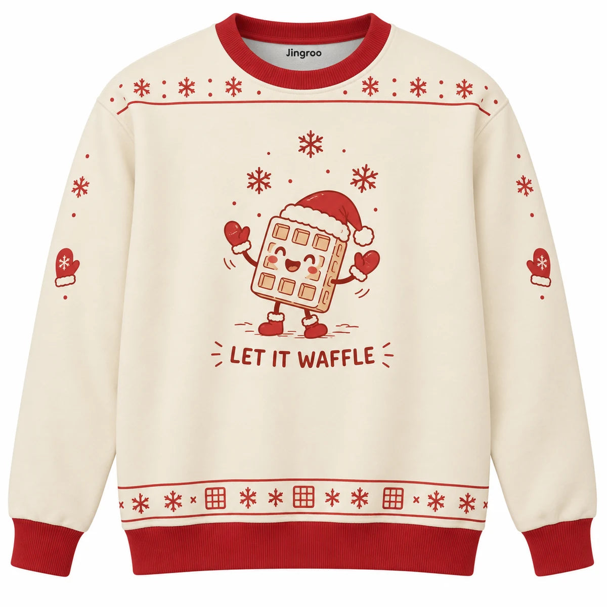 Let It Waffle Ugly Christmas Sweater - Christmas Jumper (front): waffle in Santa hat catches snowflakes