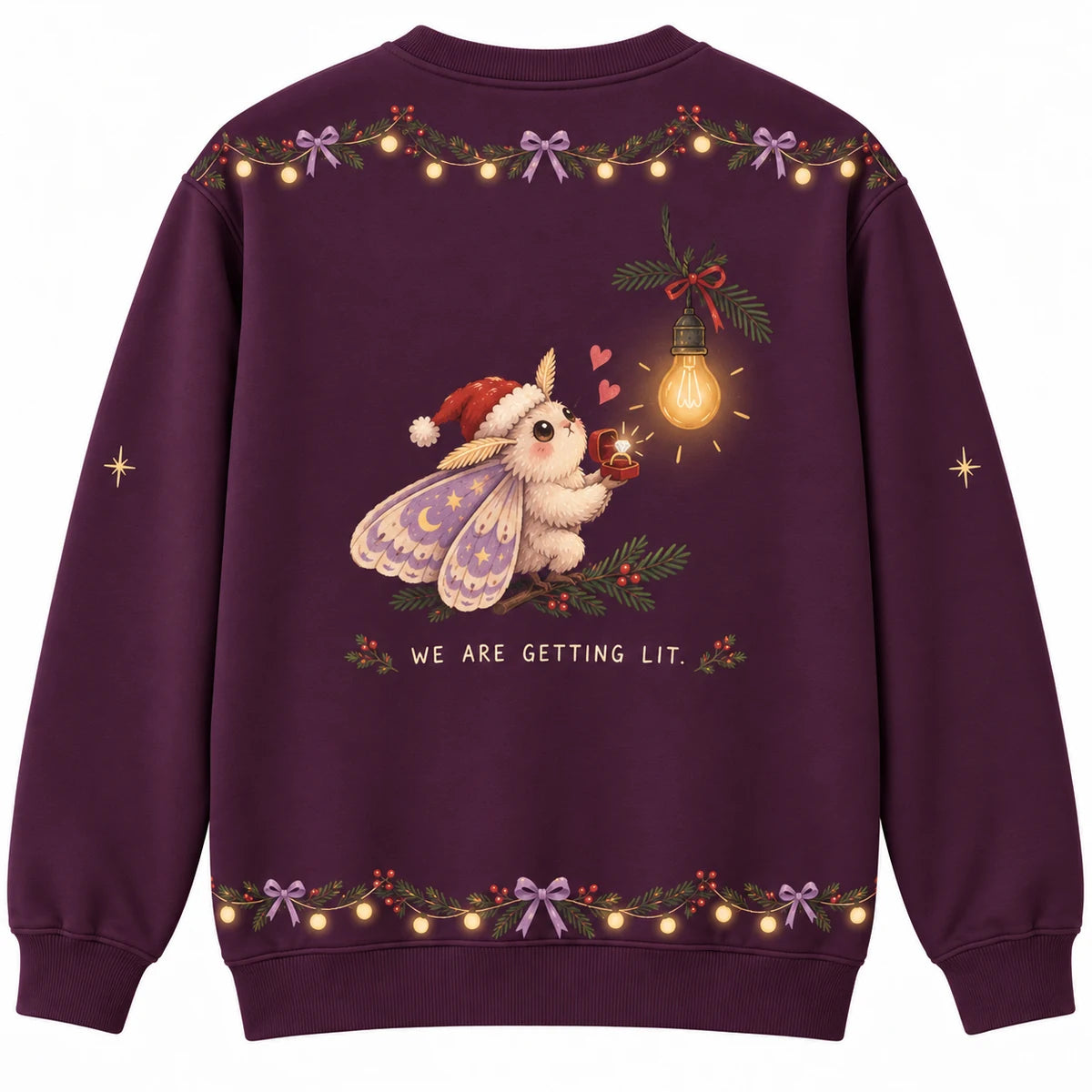 Love at First Light Ugly Christmas Sweater - Christmas Jumper (back): moth proposes with tiny ring to glowing bulb