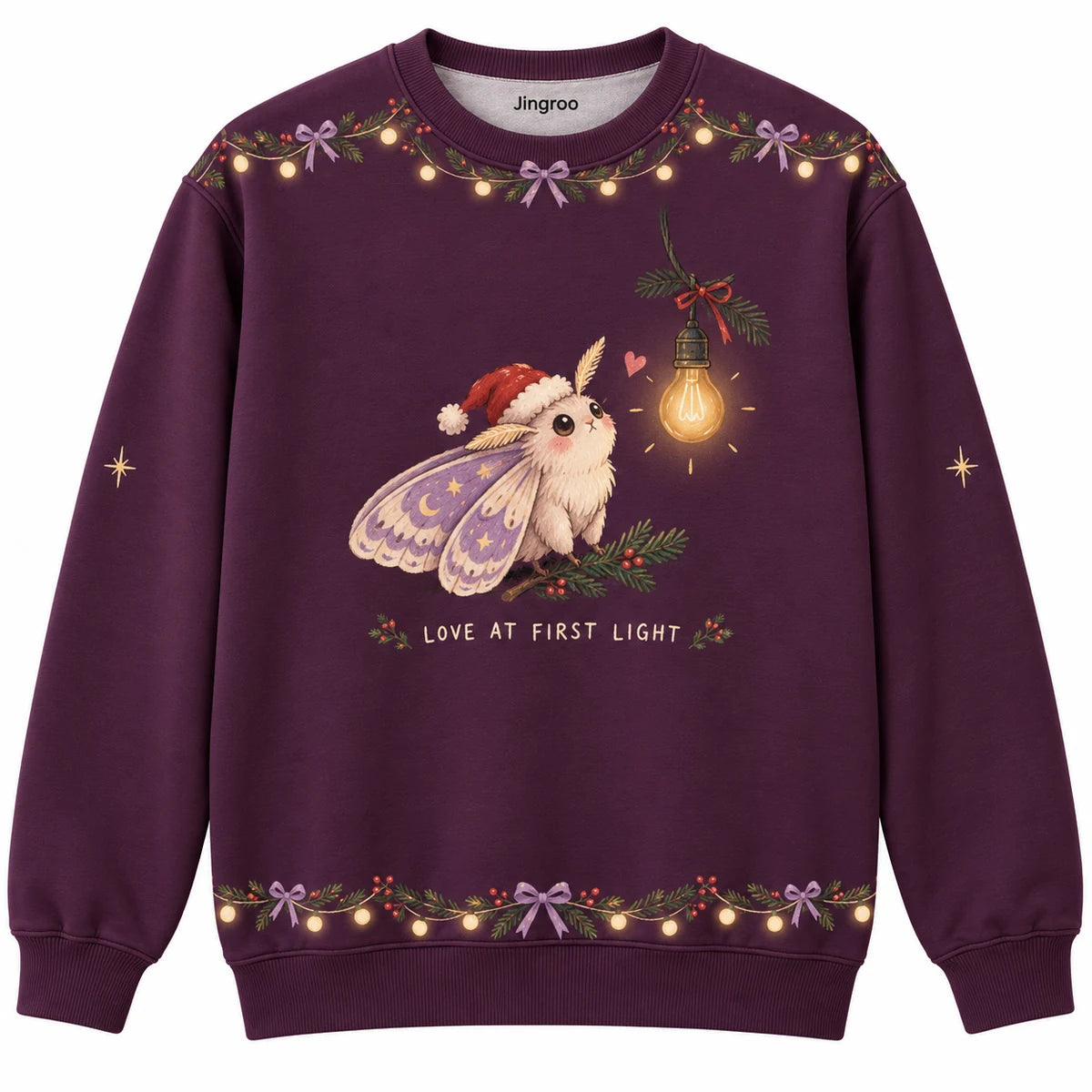 Love at First Light Ugly Christmas Sweater - Christmas Jumper (front): moth with Santa cap gazes at single Christmas bulb