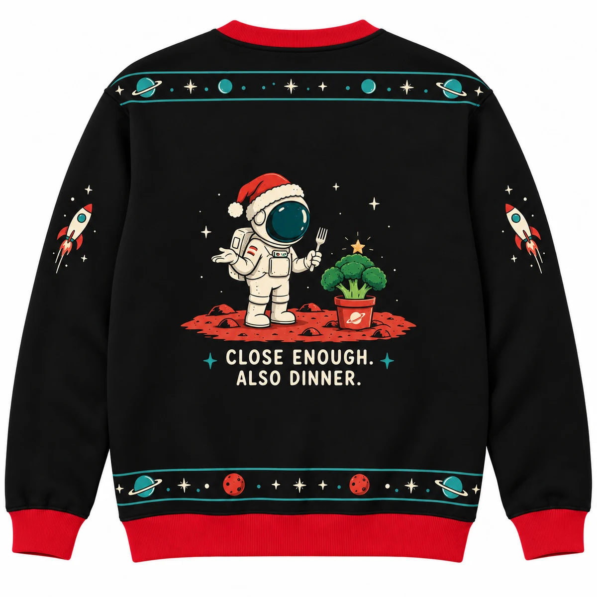 Martian Tree Farm Ugly Christmas Sweater - Christmas Jumper (back): tree is actually broccoli astronaut shrugs
