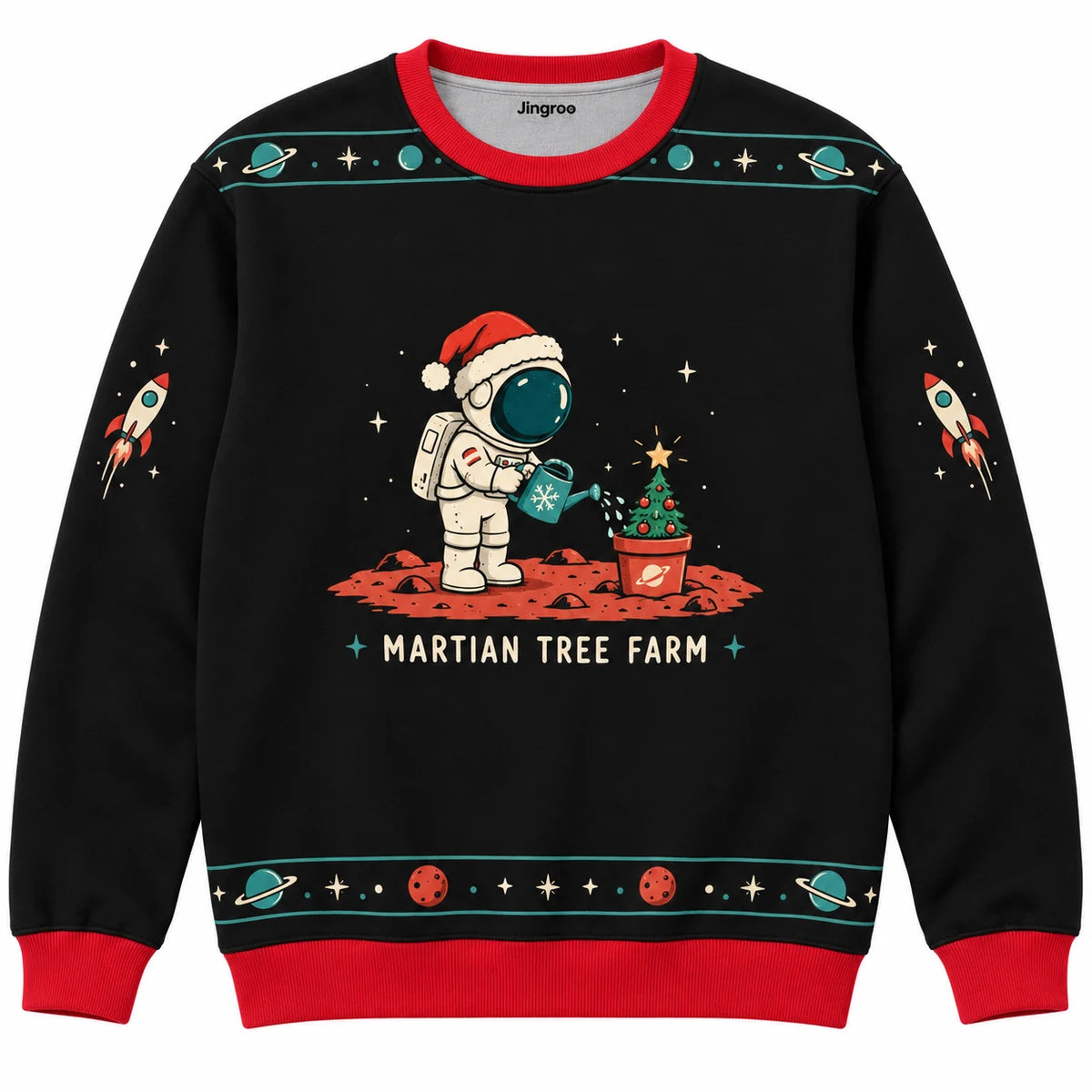 Martian Tree Farm Ugly Christmas Sweater - Christmas Jumper (front): astronaut grows tiny Christmas tree in Mars pot