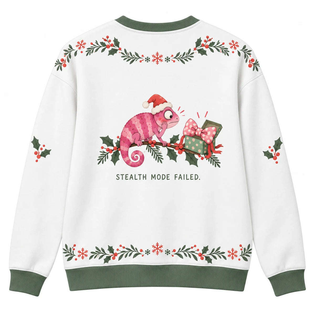 Matching the Mood Ugly Christmas Sweater - Christmas Jumper (back): chameleon turns bright pink after seeing embarrassing gift
