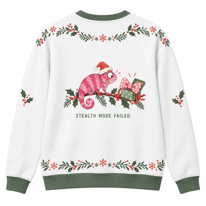 Matching the Mood Ugly Christmas Sweater - Christmas Jumper (back): chameleon turns bright pink after seeing embarrassing gift