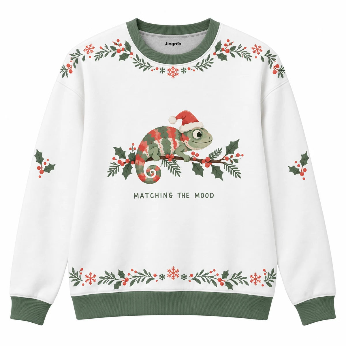 Matching the Mood Ugly Christmas Sweater - Christmas Jumper (front): chameleon blends into redgreen Christmas branch