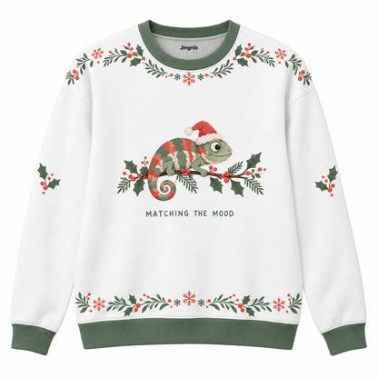 Matching the Mood Ugly Christmas Sweater - Christmas Jumper (front): chameleon blends into redgreen Christmas branch