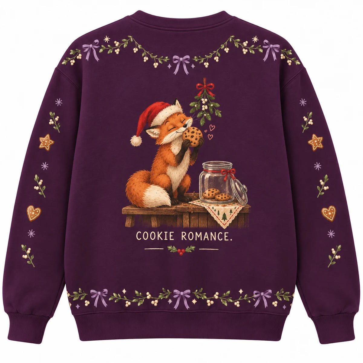 Mistletoe Strategy Ugly Christmas Sweater - Christmas Jumper (back): fox caught kissing cookie with crumbs