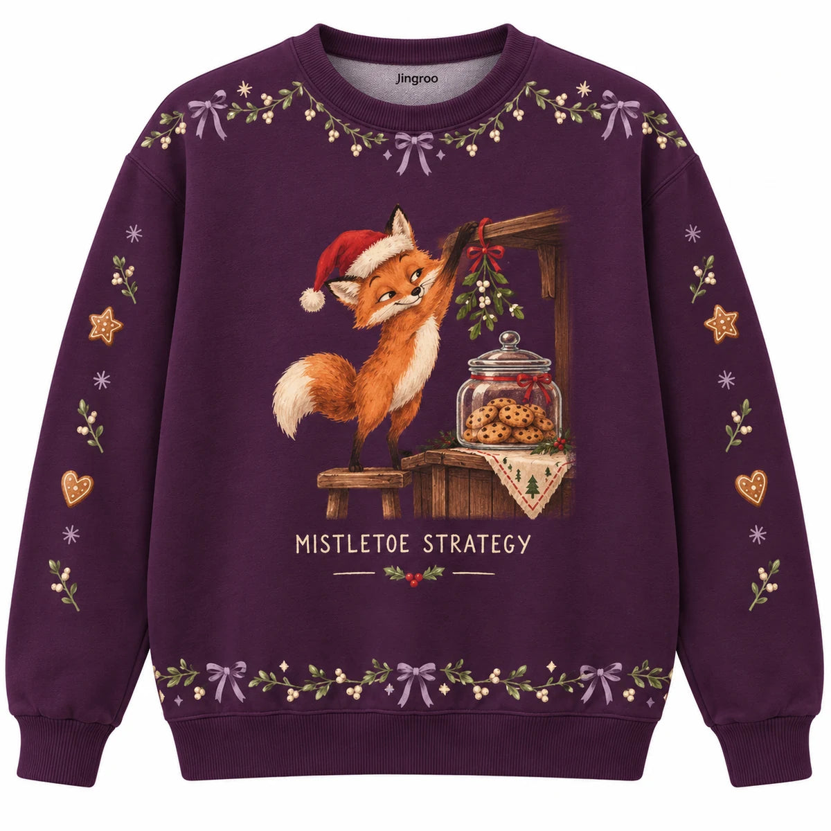 Mistletoe Strategy Ugly Christmas Sweater - Christmas Jumper (front): fox sneakily hangs mistletoe above cookie jar