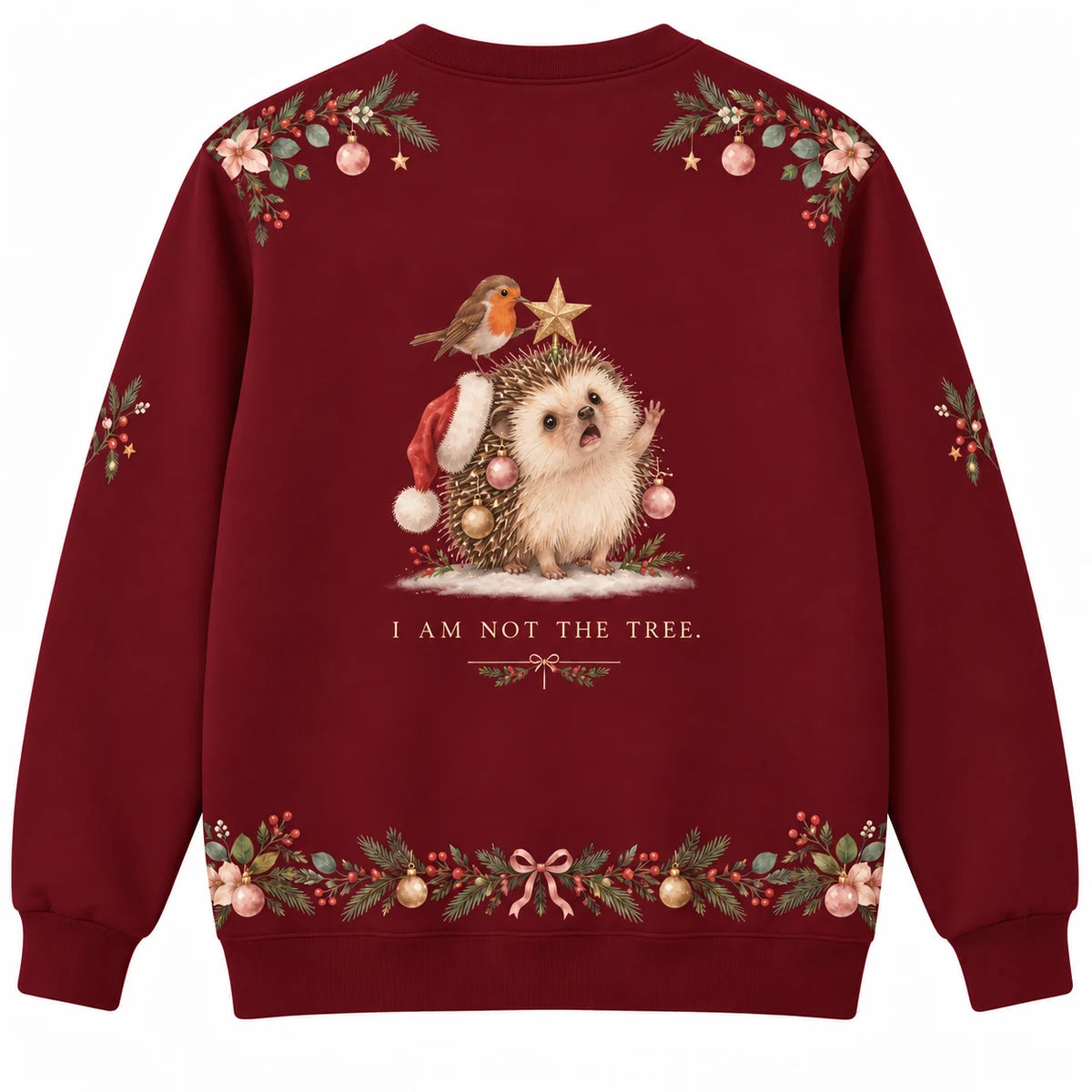 Naturally Decorated Ugly Christmas Sweater - Christmas Jumper (back): hedgehog mistaken for Christmas tree by tiny bird