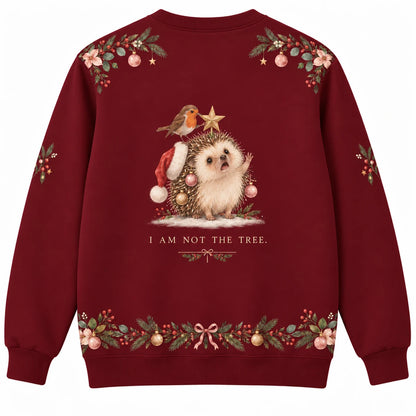 Naturally Decorated Ugly Christmas Sweater - Christmas Jumper (back): hedgehog mistaken for Christmas tree by tiny bird