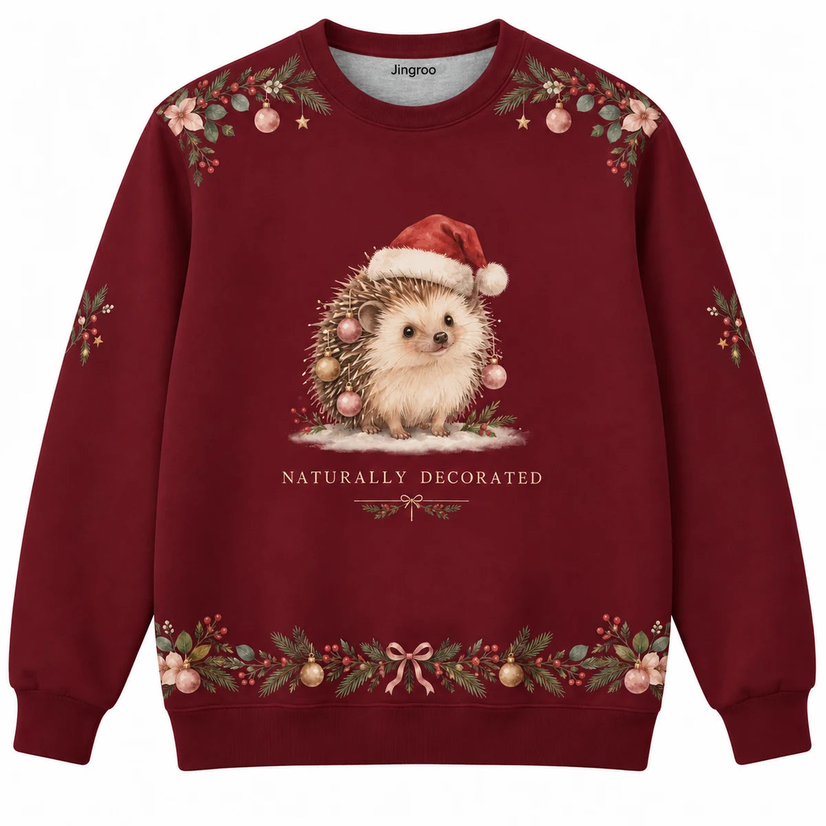 Naturally Decorated Ugly Christmas Sweater - Christmas Jumper (front): hedgehog wears one tiny bauble on each quill