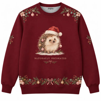 Naturally Decorated Ugly Christmas Sweater - Christmas Jumper (front): hedgehog wears one tiny bauble on each quill