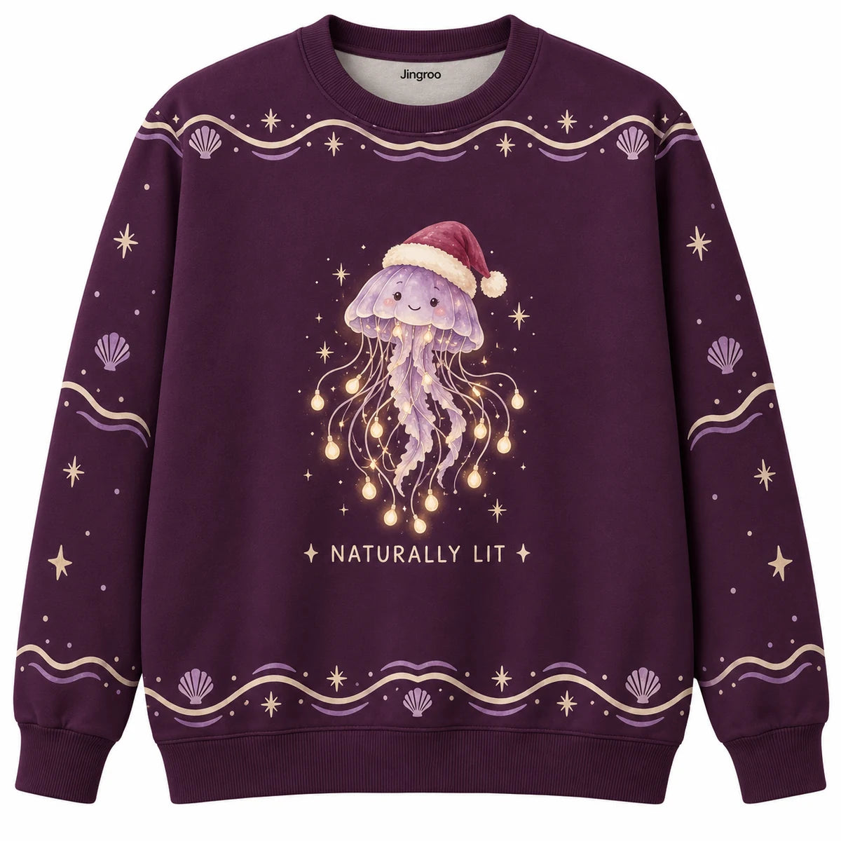 Naturally Lit Ugly Christmas Sweater - Christmas Jumper (front): jellyfish glowing like Christmas chandelier