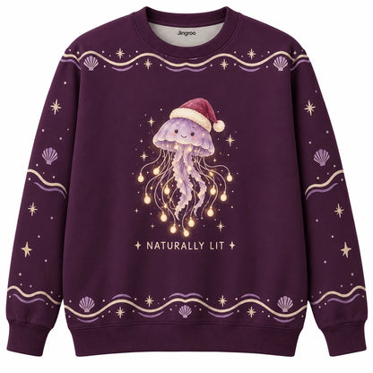 Naturally Lit Ugly Christmas Sweater - Christmas Jumper (front): jellyfish glowing like Christmas chandelier