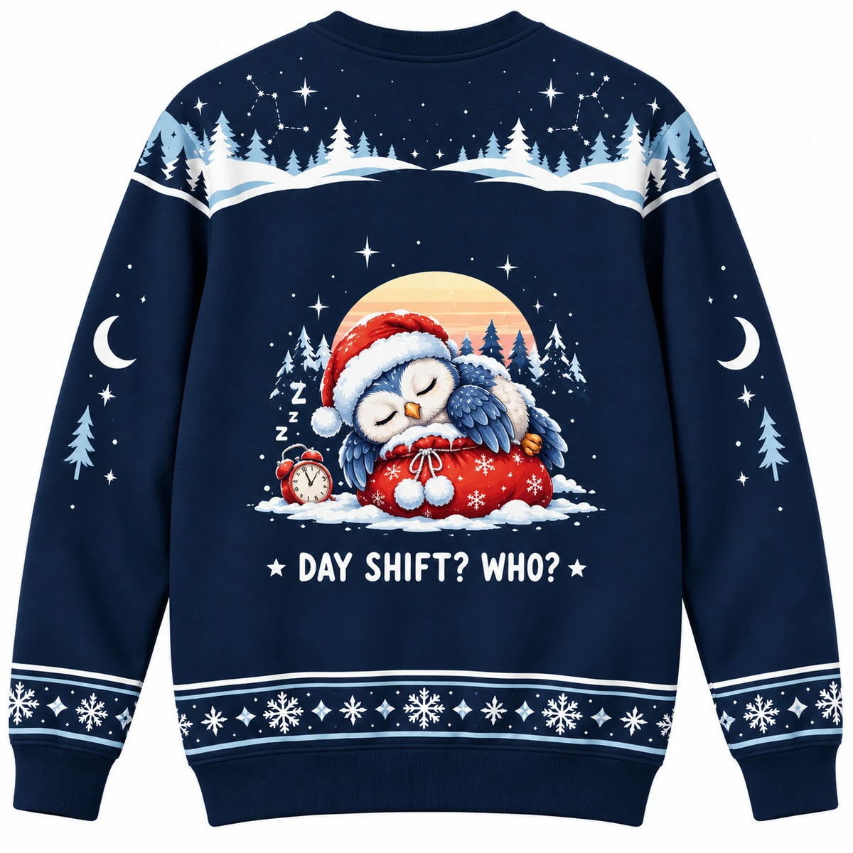 Night Shift Crew Ugly Christmas Sweater - Christmas Jumper (back): owl snoozes on gift sack at sunrise