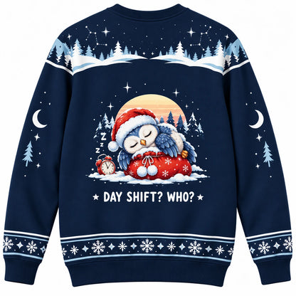 Night Shift Crew Ugly Christmas Sweater - Christmas Jumper (back): owl snoozes on gift sack at sunrise
