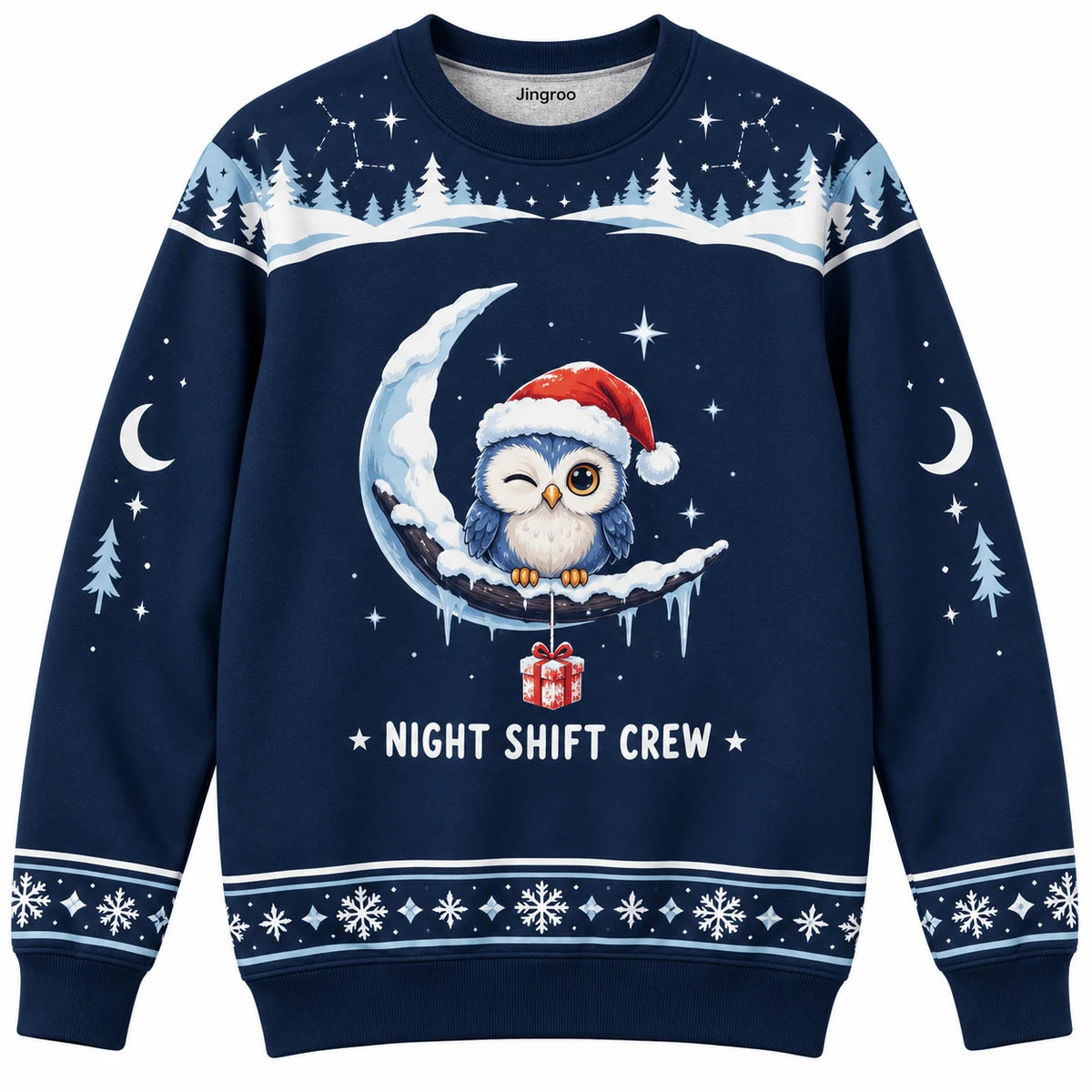 Night Shift Crew Ugly Christmas Sweater - Christmas Jumper (front): owl in Santa hat on moon-shaped branch opens one eye
