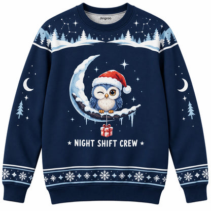 Night Shift Crew Ugly Christmas Sweater - Christmas Jumper (front): owl in Santa hat on moon-shaped branch opens one eye