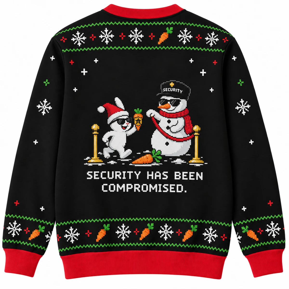 No Carrot Access Ugly Christmas Sweater - Christmas Jumper (back): rabbit presents official badge shaped like carrot