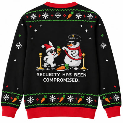 No Carrot Access Ugly Christmas Sweater - Christmas Jumper (back): rabbit presents official badge shaped like carrot