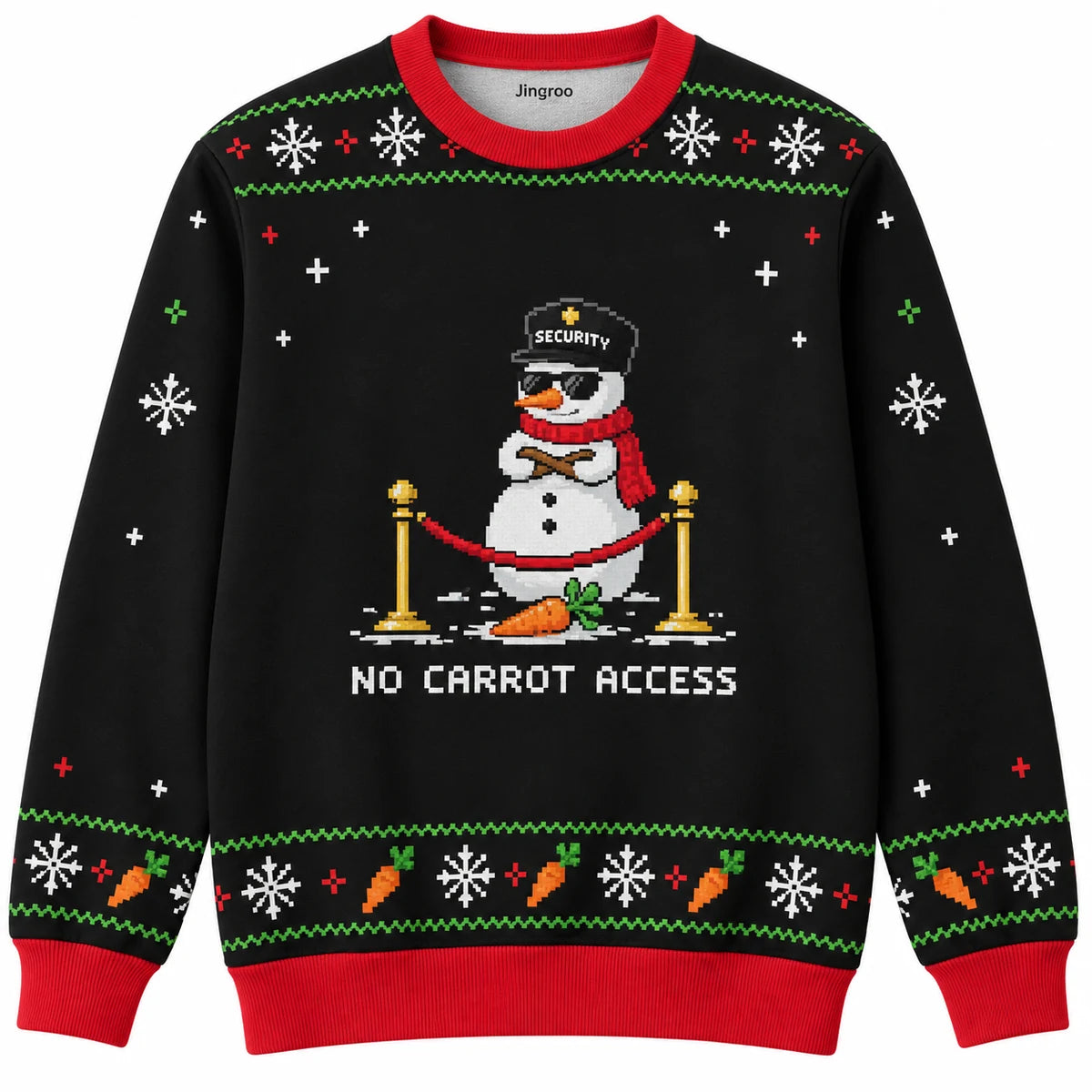 No Carrot Access Ugly Christmas Sweater - Christmas Jumper (front): snowman guard protects carrot nose behind velvet rope